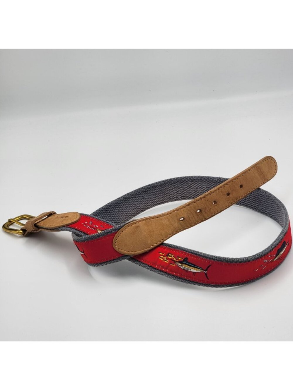 Vtg Guy Harvey Canvas Belt with Leather Accents & Marlin Fish Embroidery Red - Picture 2 of 14